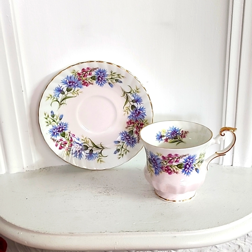 Vintage ROSINA Queens Teacup & Saucer "Wild Flowers" blue England